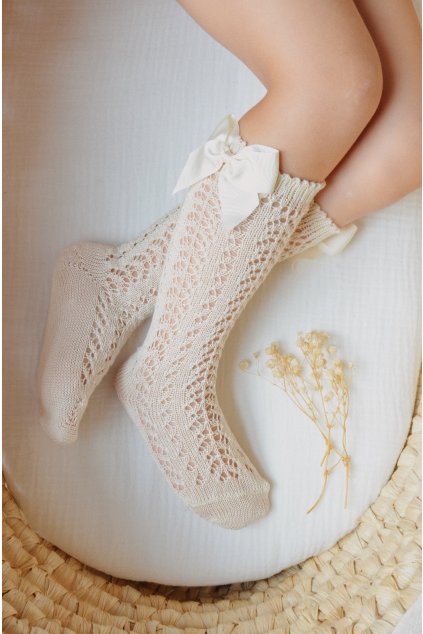 Háčkované podkolienky s mašľou - Light Beige