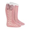 Podkolienky s mašľou s háčkovaným vzorom - Ružová