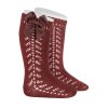 side openwork warm cotton knee socks bow grossgrain burgundy