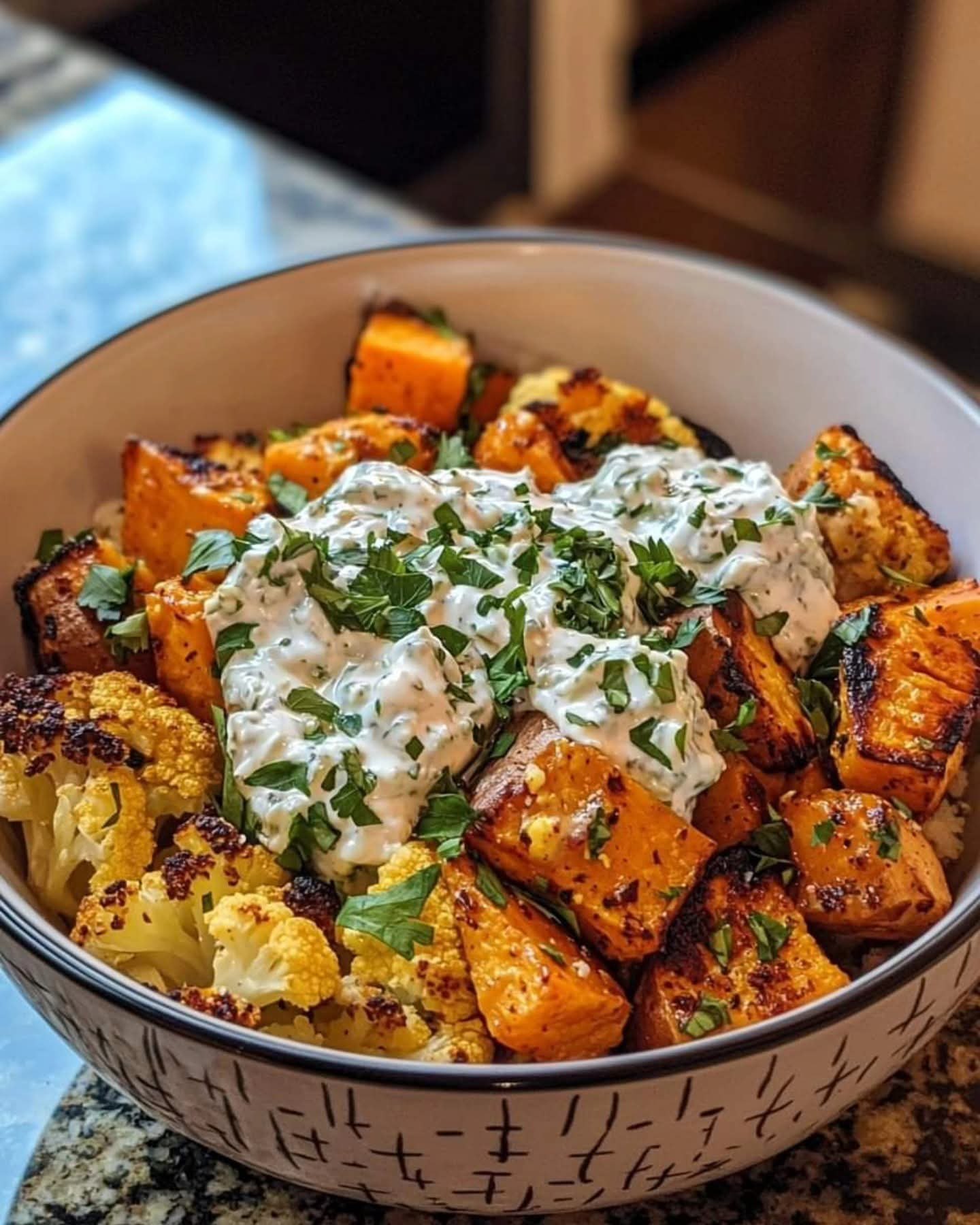 Sült karfiol és édesburgonya tzatzikivel és fetával