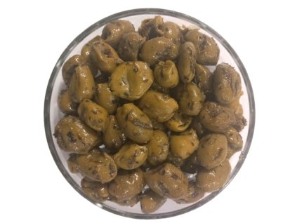 Görög Halkidiki grillezett zöld fűszeres olívabogyó üveg tálon létható grill rács csíkokkal