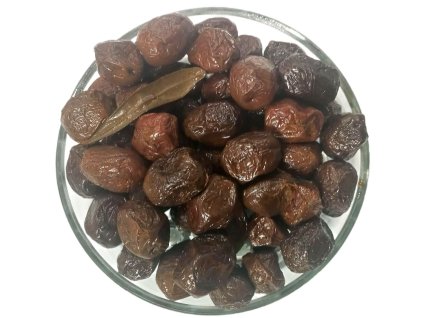 Görög Halkidiki aszalt olívabogyó ráncos barna bordó színű üveg tálon