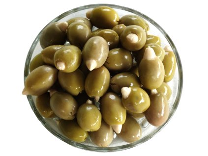 Halkidiki görög prémium minőségű zöld olívabogyók, friss ropogós fehér mandulával megtöltve üvegtálon