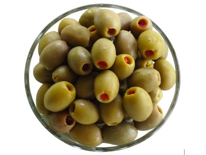 Piros édespaprikával töltött zöld prémium minőségű mammooth méretű görög Halkidiki fajtájú olívabogyók üvegtálon