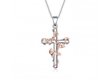 Stříbrný náhrdelník KŘÍŽ S LISTY od OLIVIE. Krásný náhrdelník s motivem kříže, který obepínají šlahouny s listy růží.