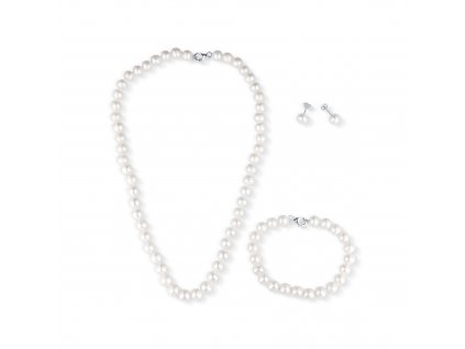 Klasická sada šperků z pravých kultivovaných sladkovodních perel AA- se skládá z náhrdelníku, náušnic a náramku. Stříbrnictví OLIVIE.cz