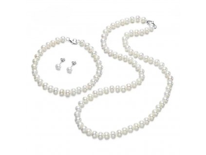 Klasická sada šperků z nejkvalitnějších pravých kultivovaných sladkovodních perel BUTTON AAA se skládá z náhrdelníku, náušnic a náramku. Stříbrnictví OLIVIE.