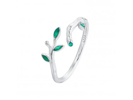 Stříbrný prsten VĚTVIČKA se zelenými listy je velikostně nastavitelný.