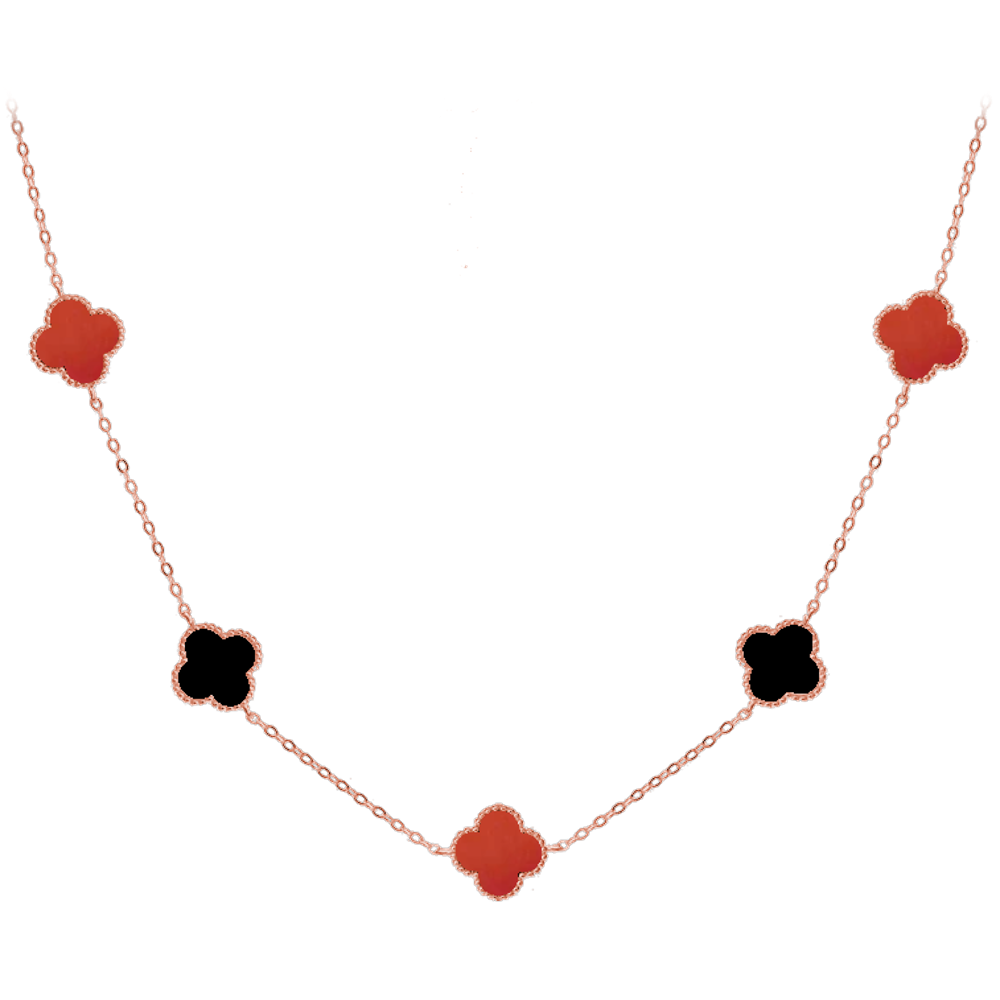 MINET Rose gold stříbrný náhrdelník čtyřlístky s červeným achátem a onyxem Ag 925/1000