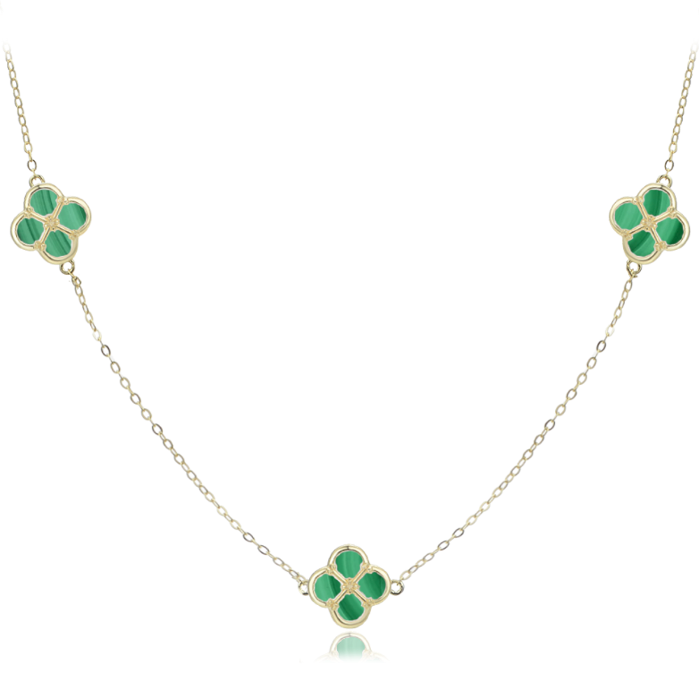MINET Pozlacený stříbrný náhrdelník čtyřlístky s malachitem
