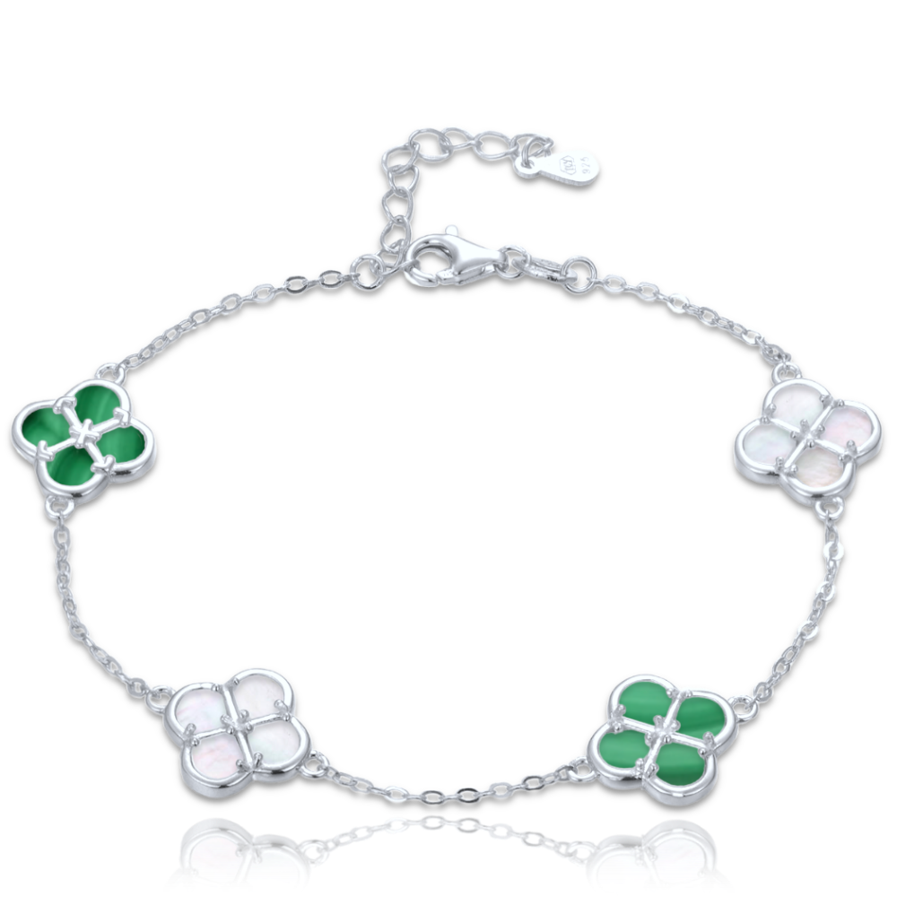 Olivie Stříbrný náramek čtyřlístky s bílou perletí a malachitem