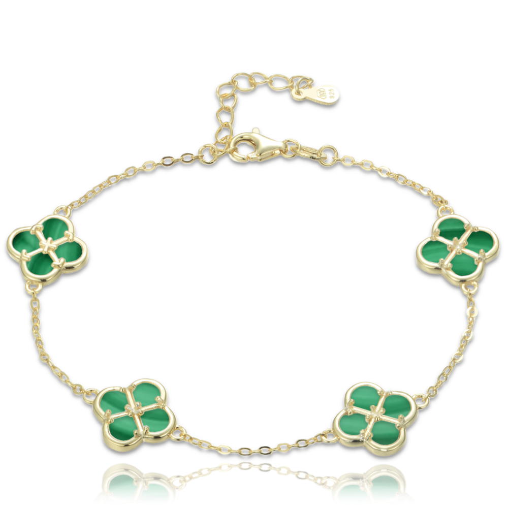 MINET Pozlacený stříbrný náramek čtyřlístky s malachitem