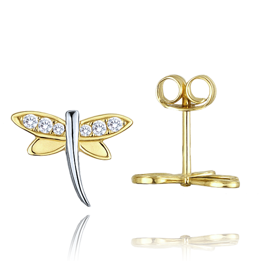 MINET Zlaté náušnice vážky ze žlutého a bílého zlata s bílými zirkony Au 585/1000