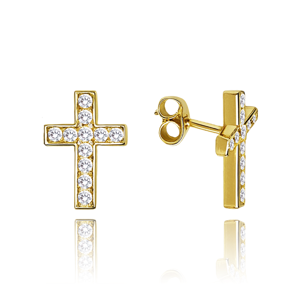 MINET Luxusní zlaté náušnice křížky s bílými zirkony Au 585/1000