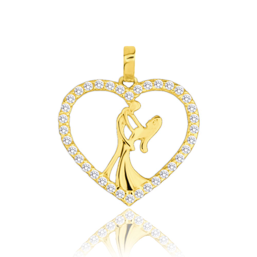 MINET Zlatý přívěs zamilovaný pár v srdci s bílými zirkony Au 585/1000