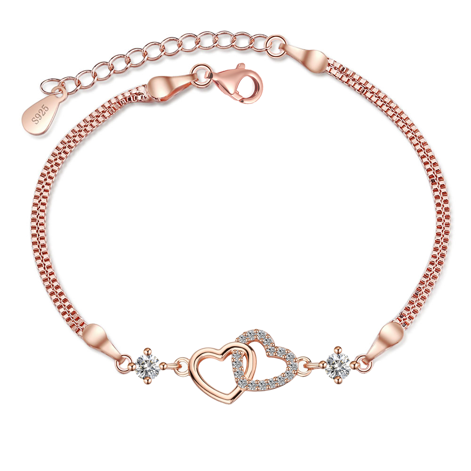 Olivie Stříbrný náramek SPOJENÁ SRDCE MOISSANITE ROSE 9835 Ag 925; ≤2,7 g.