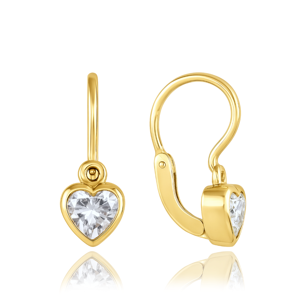 MINET Dětské zlaté náušnice s předním zapínáním srdíčka s bílými zirkony Au 585/1000