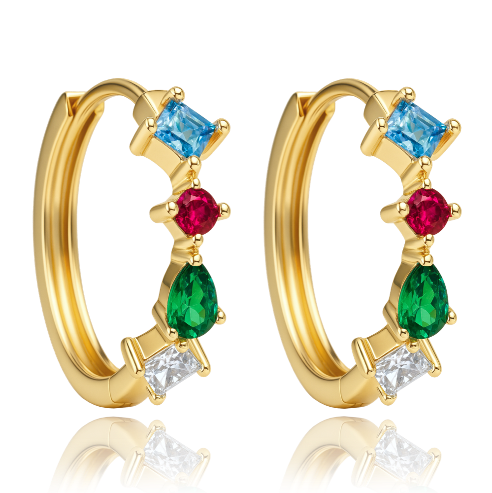 MINET Elegantní zlaté náušnice s bílými, červenými, modrými a zelenými zirkony Au 585/1000