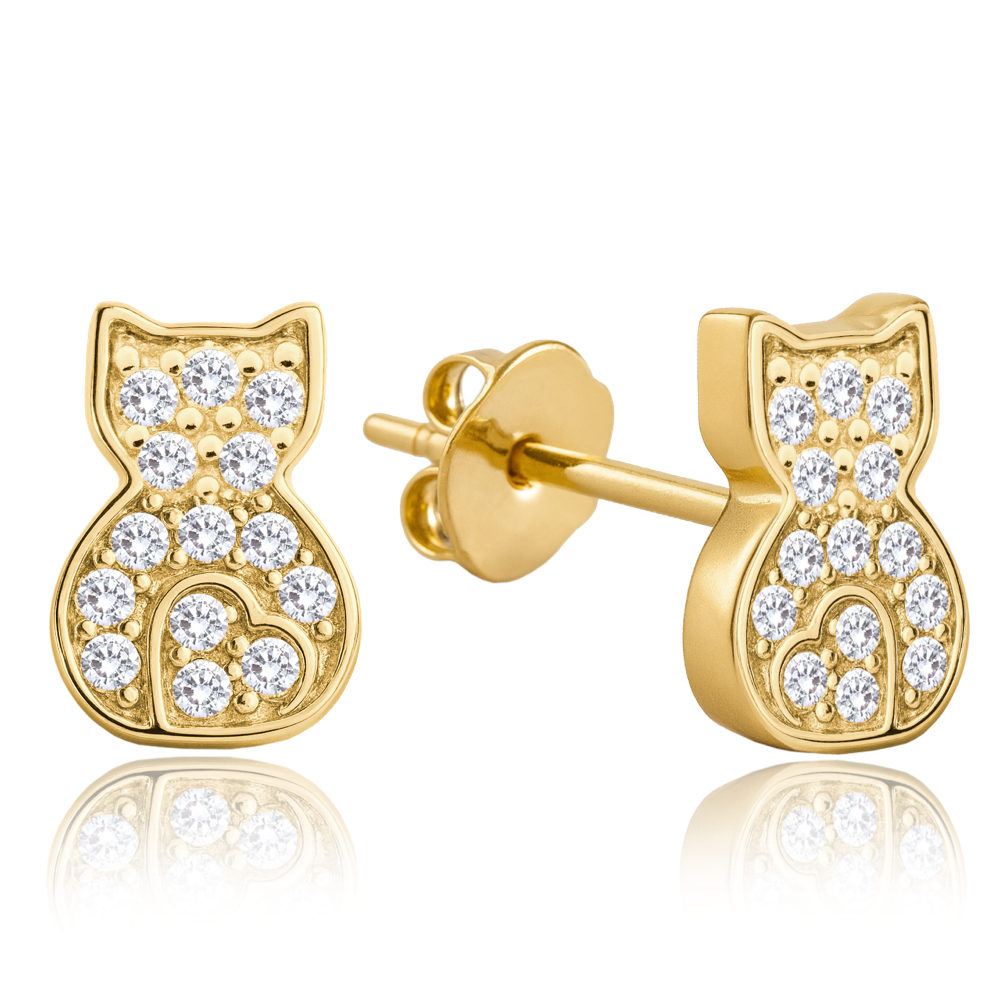 MINET Zlaté náušnice kočky s bílými zirkony Au 585/1000