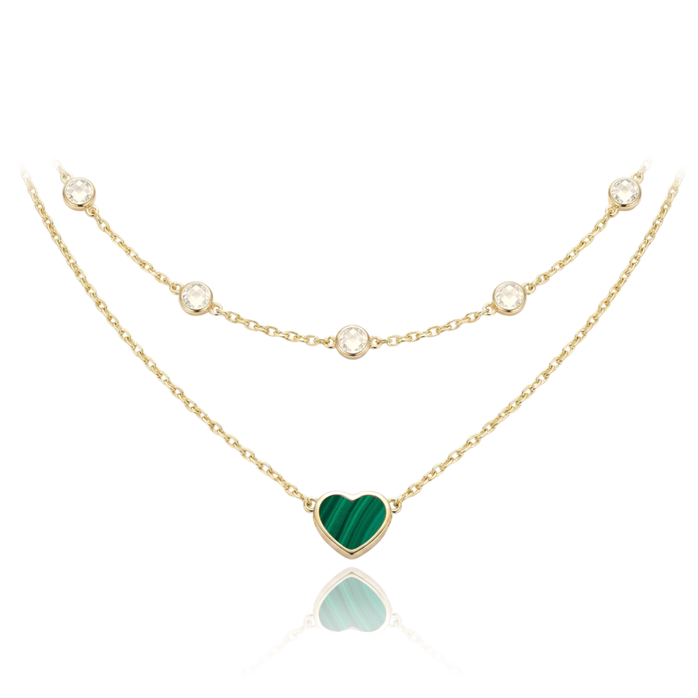 MINET Dvojitý zlatý náhrdelník srdíčko se zeleným malachitem a bílými zirkony Au 585/1000