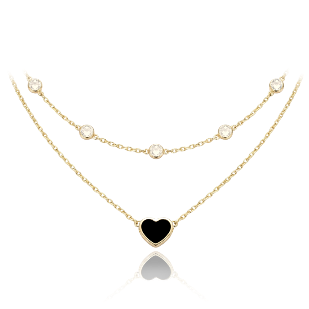 MINET Dvojitý zlatý náhrdelník srdíčko s onyxem a bílými zirkony Au 585/1000