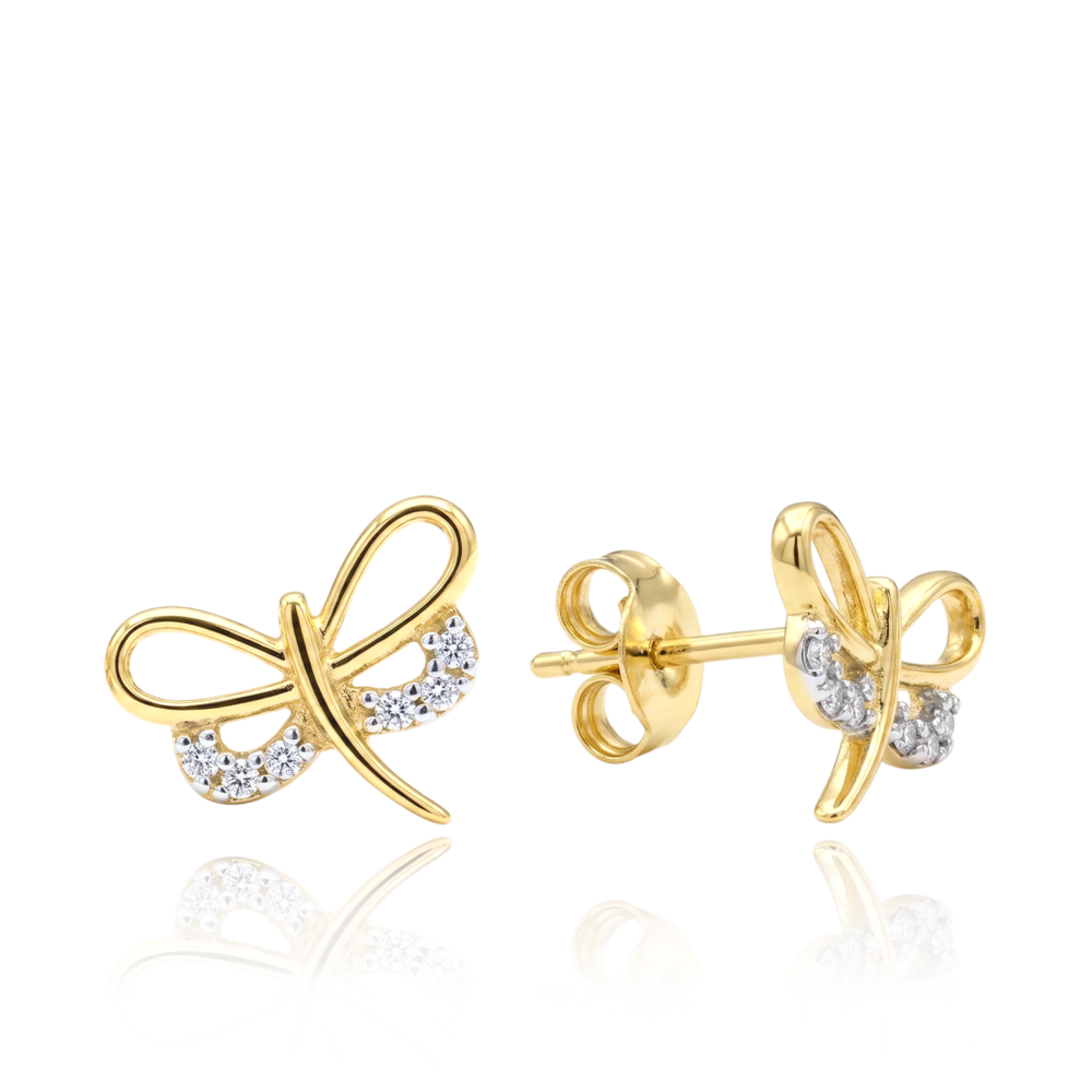 MINET Zlaté náušnice vážky s bílými zirkony Au 585/1000