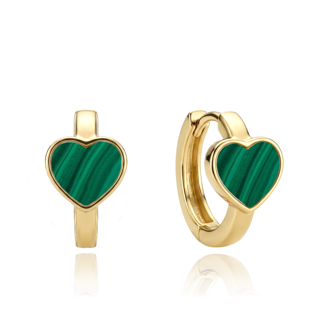 MINET Zlaté náušnice srdíčka se zeleným malachitem Au 585/1000