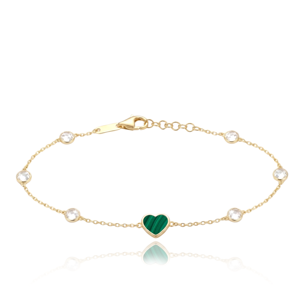 MINET Zlatý náramek srdíčko se zeleným malachitem a bílými zirkony Au 585/1000