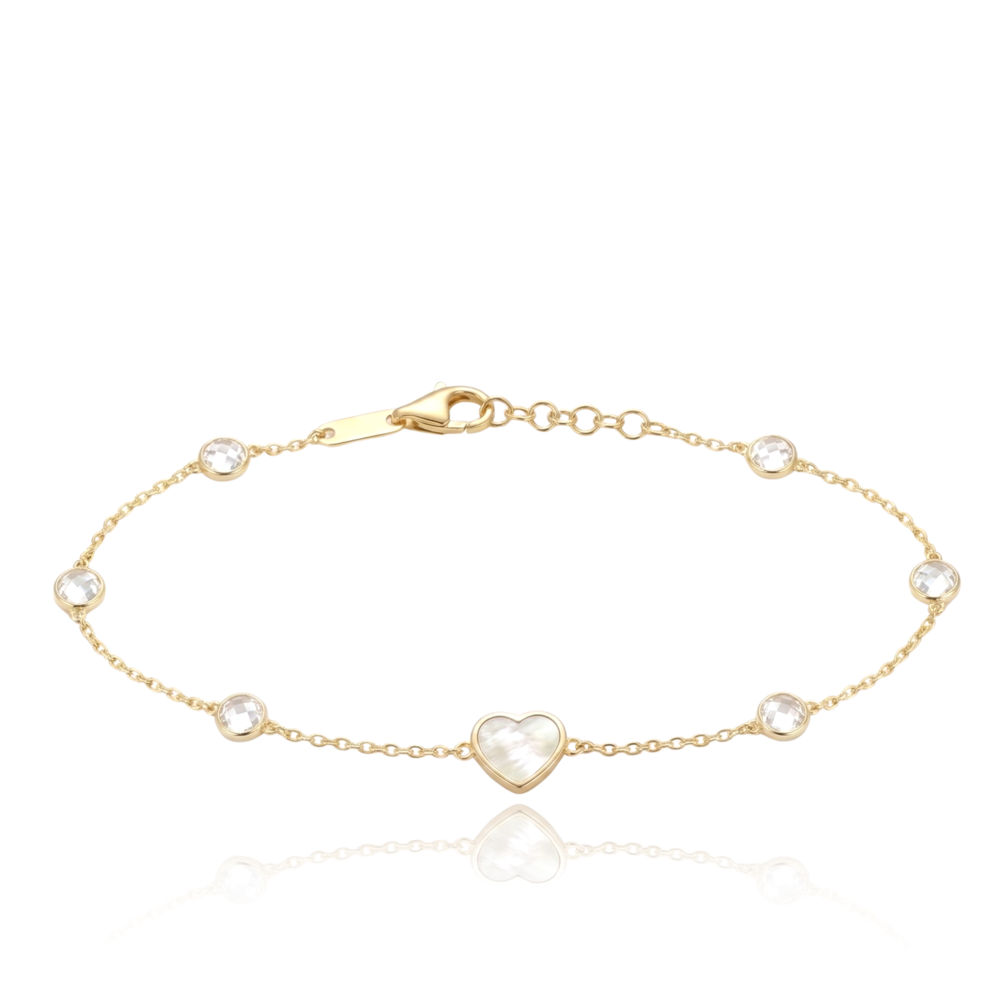 MINET Zlatý náramek srdíčko s bílou perletí a bílými zirkony Au 585/1000