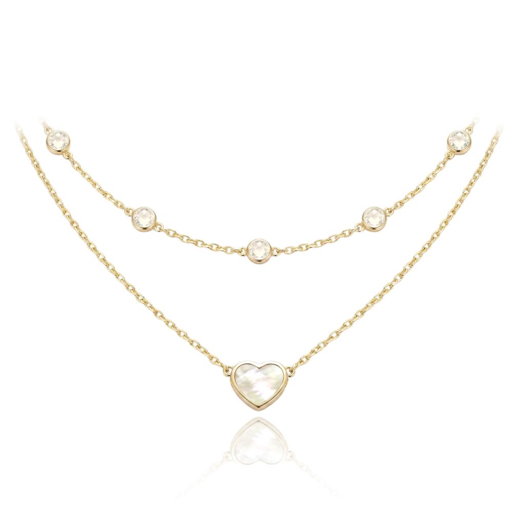 MINET Dvojitý zlatý náhrdelník srdíčko s bílou perletí a bílými zirkony Au 585/1000