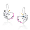 Stříbrné náušnice JEDNOROŽEC V SRDCI s růžovými zirkony od OLIVIE