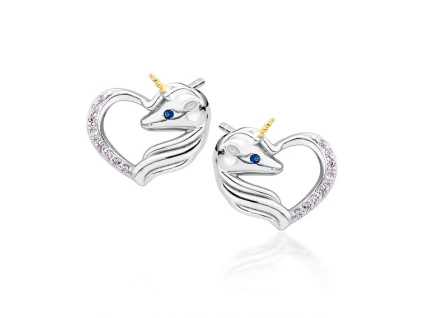Stříbrné náušnice JEDNOROŽEC V SRDCI