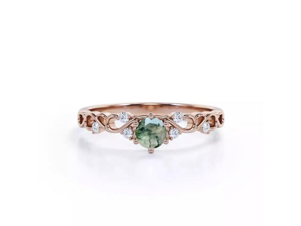 Strieborný prsteň so zeleným prírodným kameňom MACHOVÝ ACHÁT ružovo pozlátený zo strieborníctva OLIVIE.sk