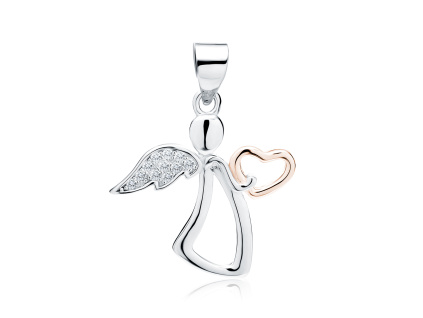 Strieborný prívesok ANJEL s ružovým srdiečkom.