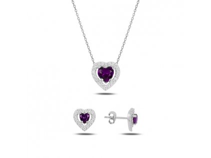 Strieborný náhrdelník + náušnice s fialovými zirkónmi v tvare srdca. OLIVIE.