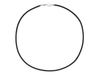 Stredne hrubá koža 40 cm s priemerom 3 mm. Čierna pletená kožená šnúrka so strieborným zapínaním a označením OLIVIE.