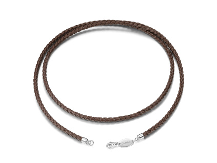 Kožená hnedá pletená šnúrka dĺžka 45cm, hr. 3 mm so striebornou karabínkou a označením OLIVIE.