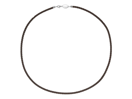 Kožená hnedá pletená šnúrka dĺžka 65cm, tl. 3 mm so striebornou karabínkou a označením OLIVIE.