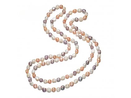 Dlhý 160 cm perlový náhrdelník z viacfarebných svetlých perál o veľkosti 8 mm. Pravé sladkovodné barokové perly AA. Strieborníctvo OLIVIE.