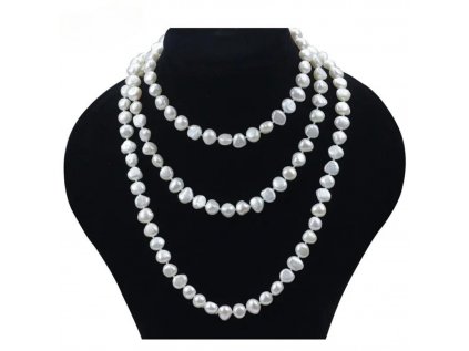 Dlhý 100 cm perlový náhrdelník z bielych perál o veľkosti 8 mm - 9 mm. Sladkovodné perly BAROKO majú nepravidelný tvar a nádherný prírodný vzhľad.
