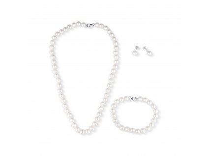 Klasická sada šperkov z pravých kultivovaných sladkovodných perál AA- sa skladá z náhrdelníka, náušníc a náramku. Strieborníctvo OLIVIE.sk