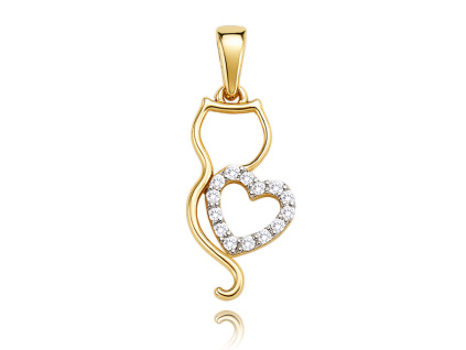 MINET Zlatý přívěs kočka se srdíčkem s bílými zirkony Au 585/1000