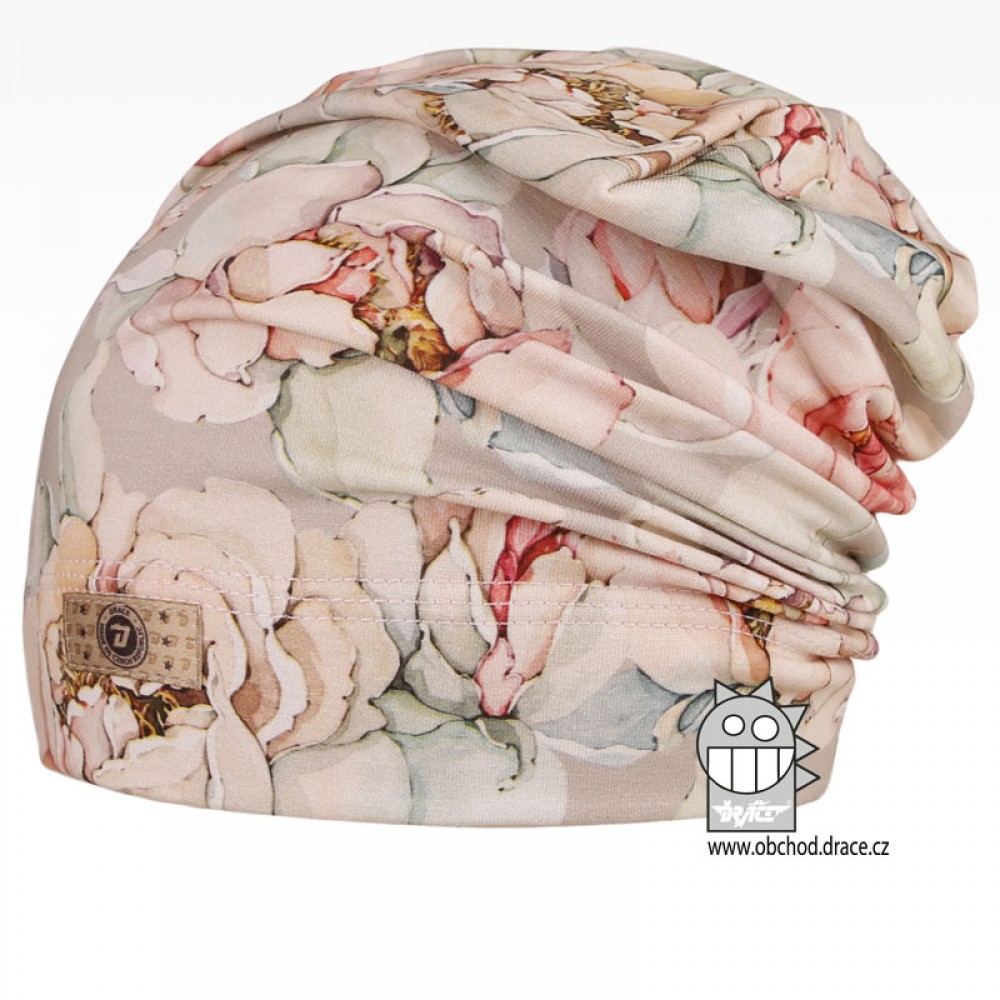 Bavlněná celopotištěná spadlá čepice Dráče - vzor 04 - starorůžová, květy Barva: Růžová, Velikost: 48-50