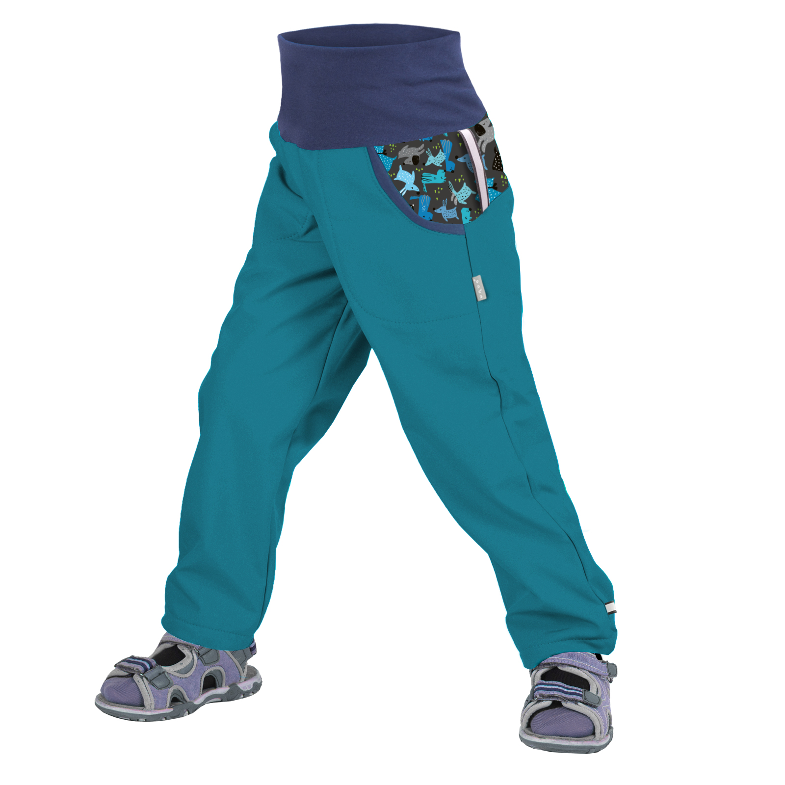 Dětské softshellové kalhoty bez zateplení - Unuo Pejsci, smaragdová Barva: Zelená, Velikost: 98-104