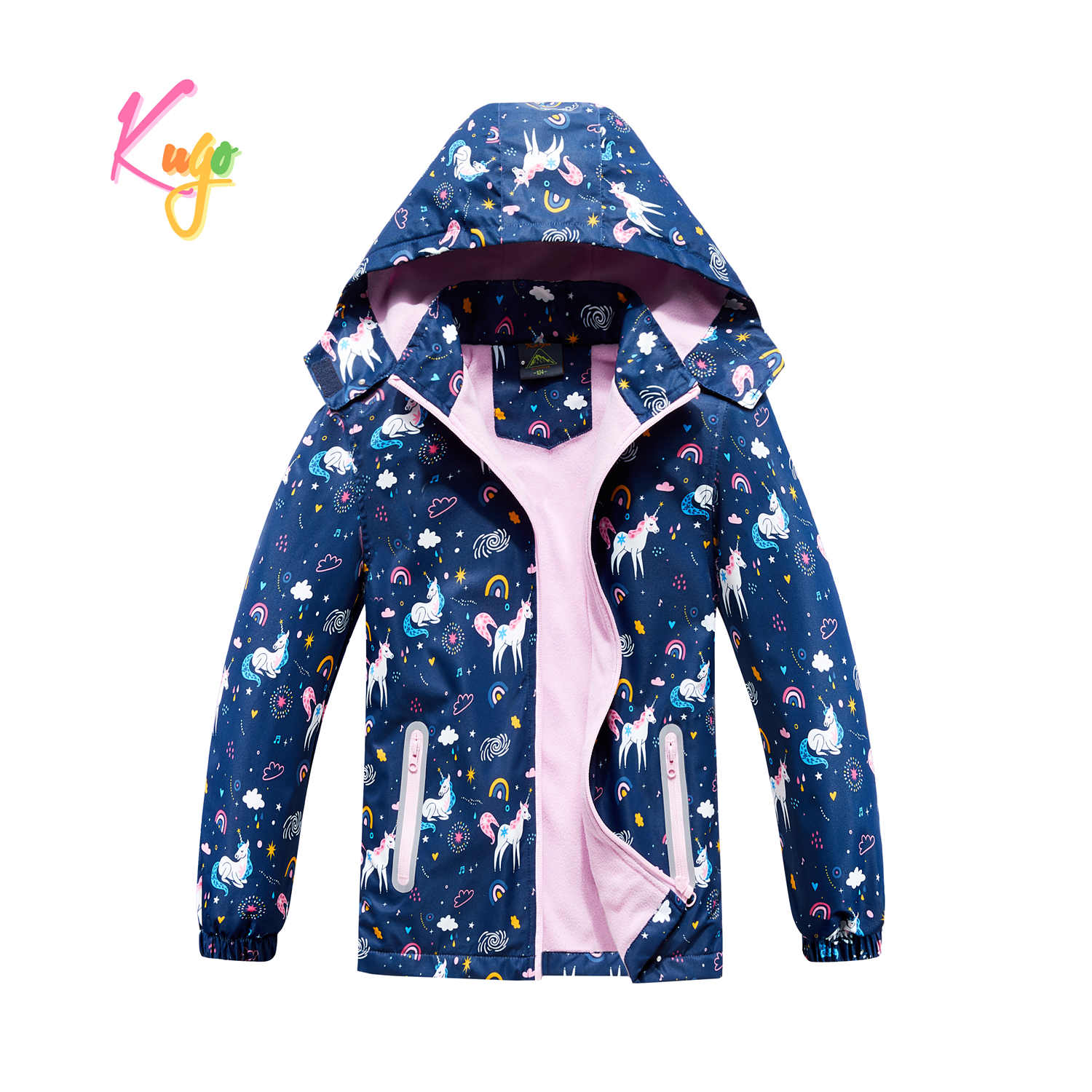 Dívčí podzimní bunda, zateplená - KUGO B2860, tmavě modrá, jednorožci Barva: Modrá, Velikost: 98