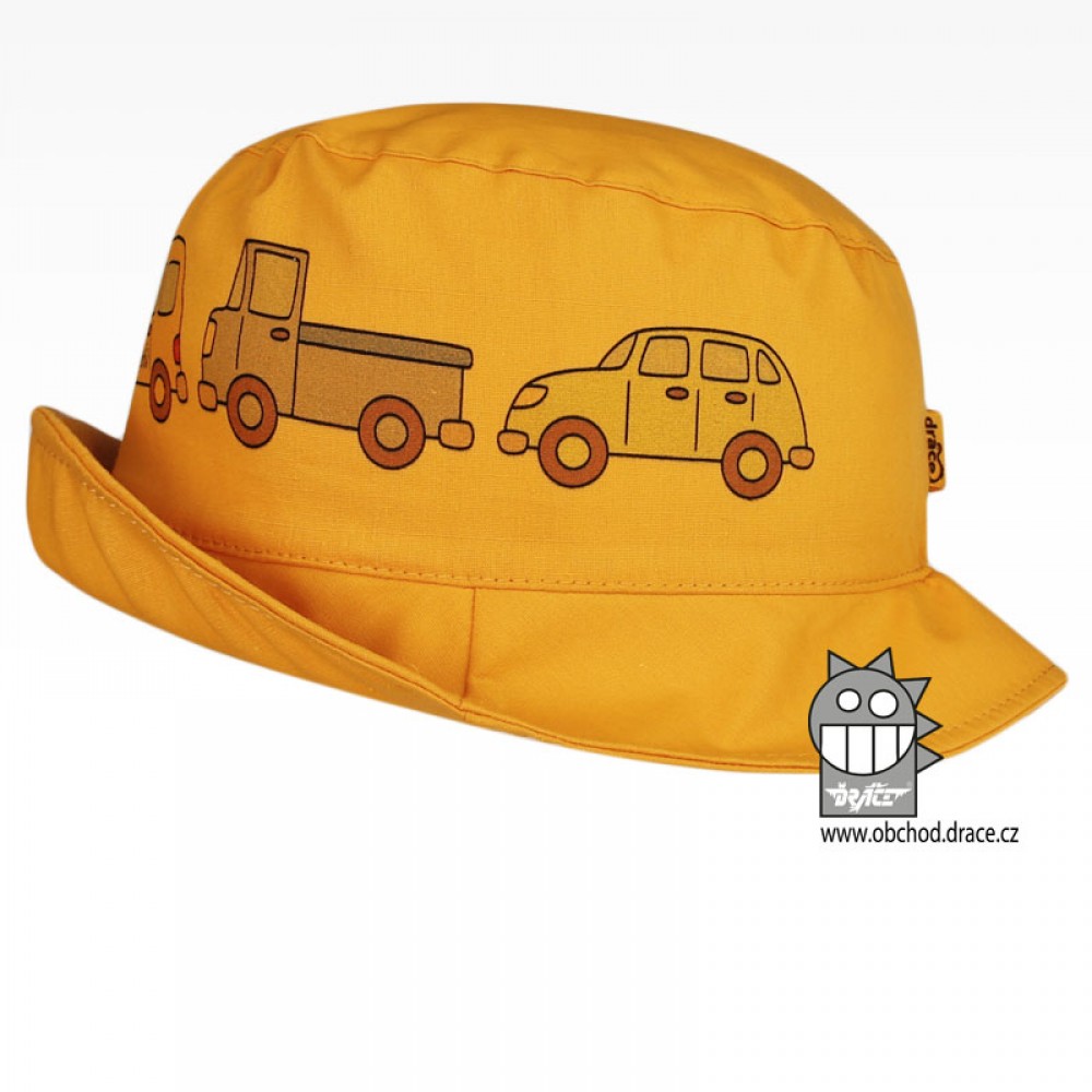 Bavlněný letní klobouk Dráče - Mallorca 09, hořčicová, autíčka Barva: Žlutá, Velikost: 54-56