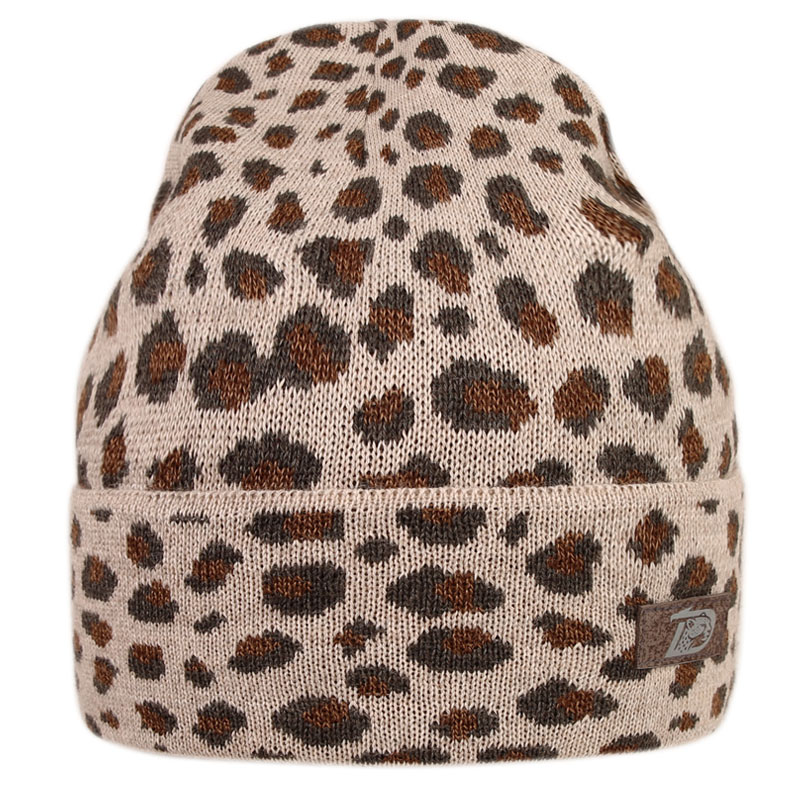 Levně Merino pletená čepice Dráče - Urban 19, světle hnědá / šedá - leopard Barva: Hnědá