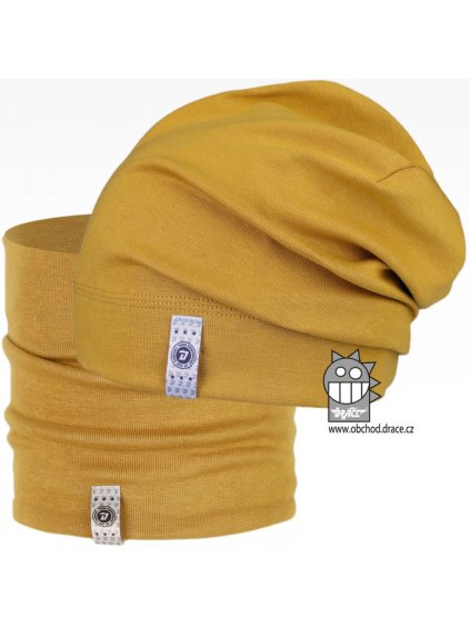 Set spadlé bavlněné čepice a nákrčníku Alan vzor 04 tmavá hořčicová