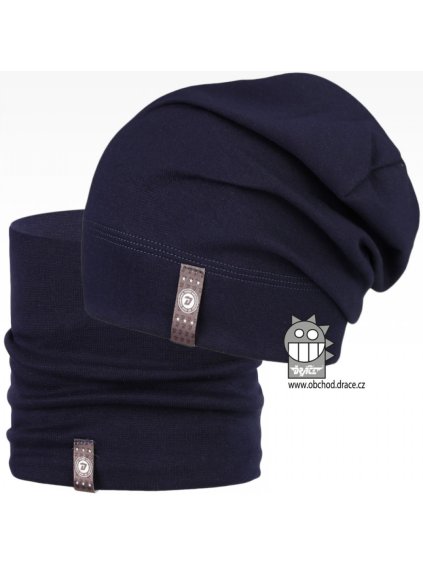 Set spadlé bavlněné čepice a nákrčníku Alan vzor 09 tmavě modrá