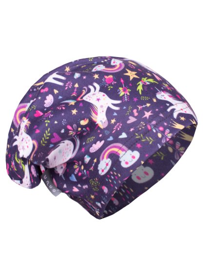 Dívčí fleecová čepice, spadená - Unuo JEDNOROŽCI (Kolor Fioletowy, Rozmiar L ( 53-56cm ))